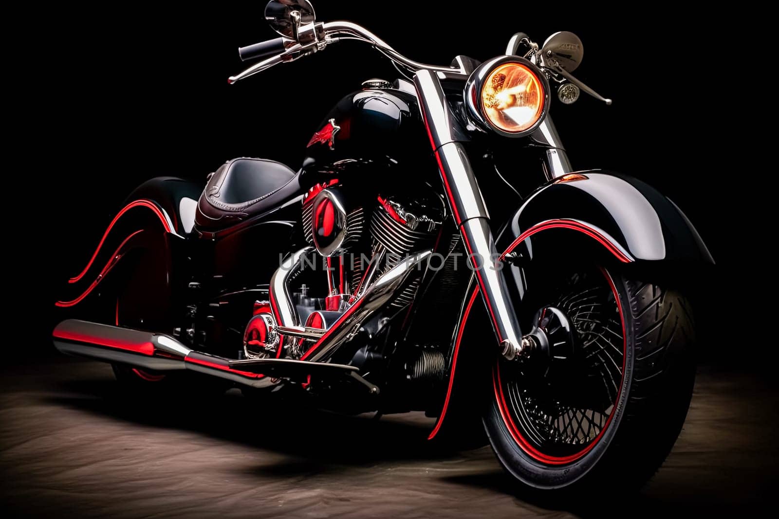 A black motorcycle with red accents is parked in front of a dark background by Alla_Morozova93