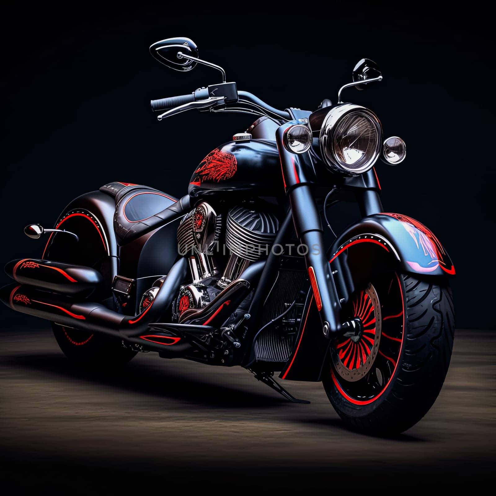 A black motorcycle with red accents is parked in front of a dark background. The motorcycle is the main focus of the image, and it is a custom or modified bike