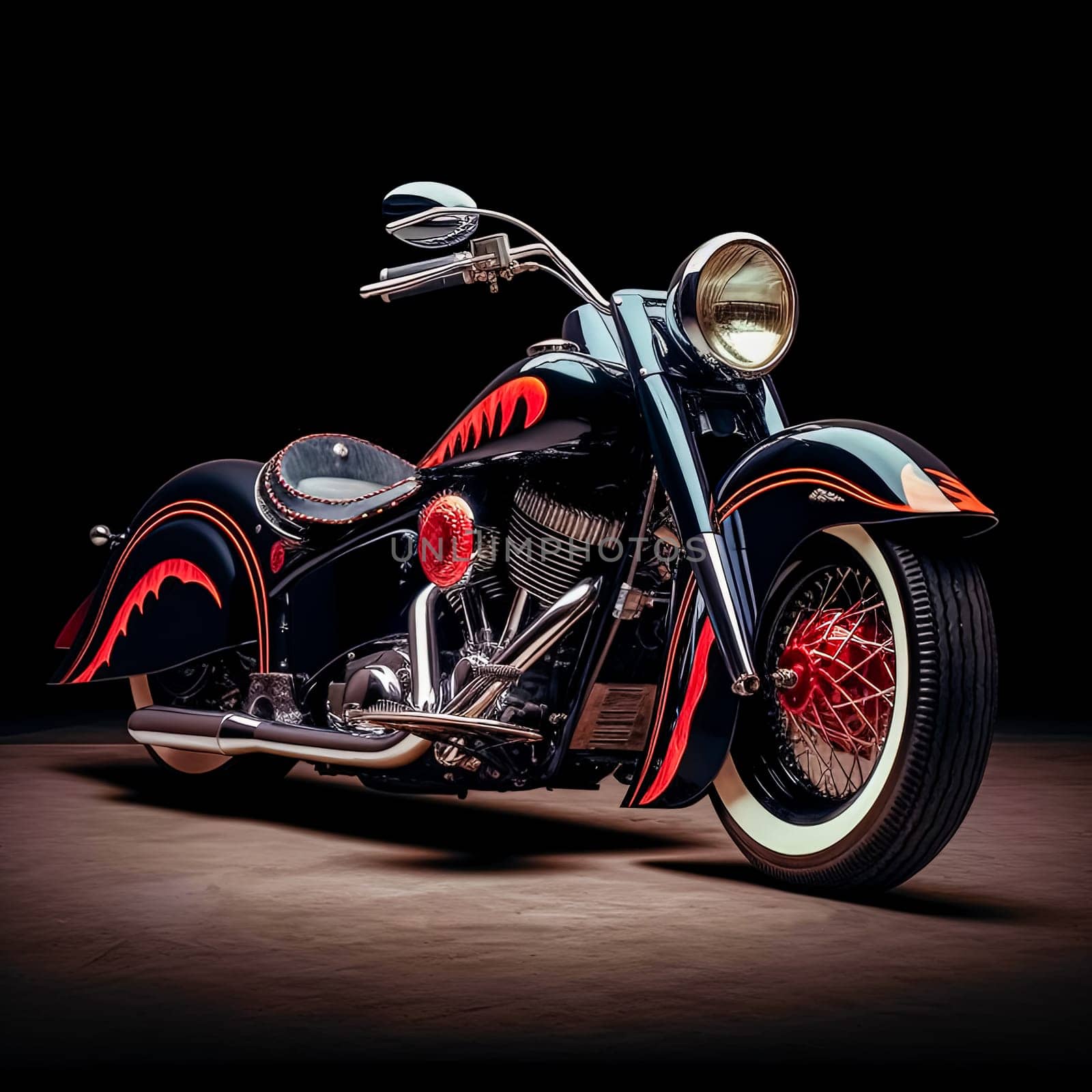 A black motorcycle with red accents is parked in front of a dark background. The motorcycle is the main focus of the image, and it is a custom or modified bike
