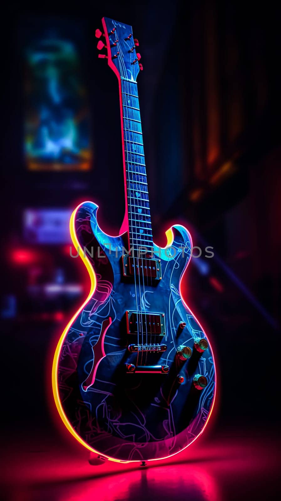 A neon guitar with a purple and blue color scheme. The guitar is lit up and he is glowing