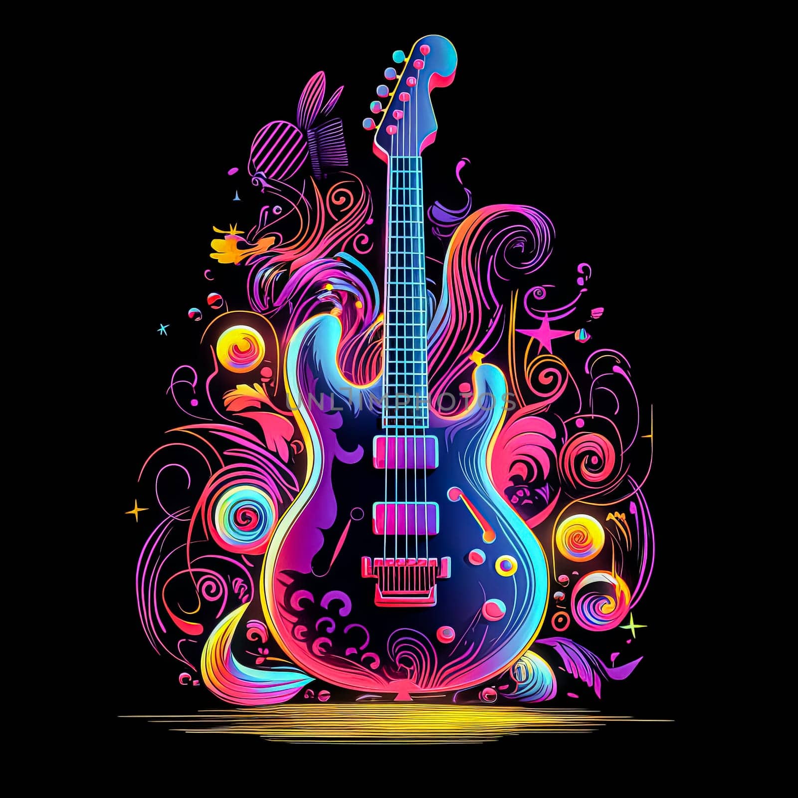 A colorful guitar is shown in a photo with smoke in the background. by Alla_Morozova93