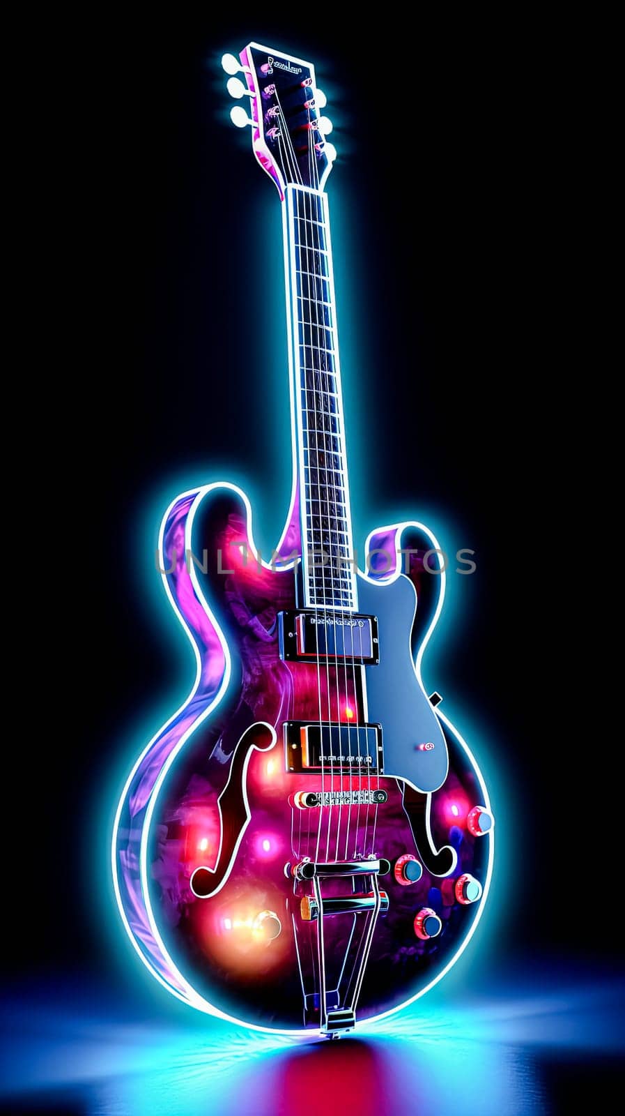 A neon guitar with a purple and blue color scheme. The guitar is lit up and he is glowing