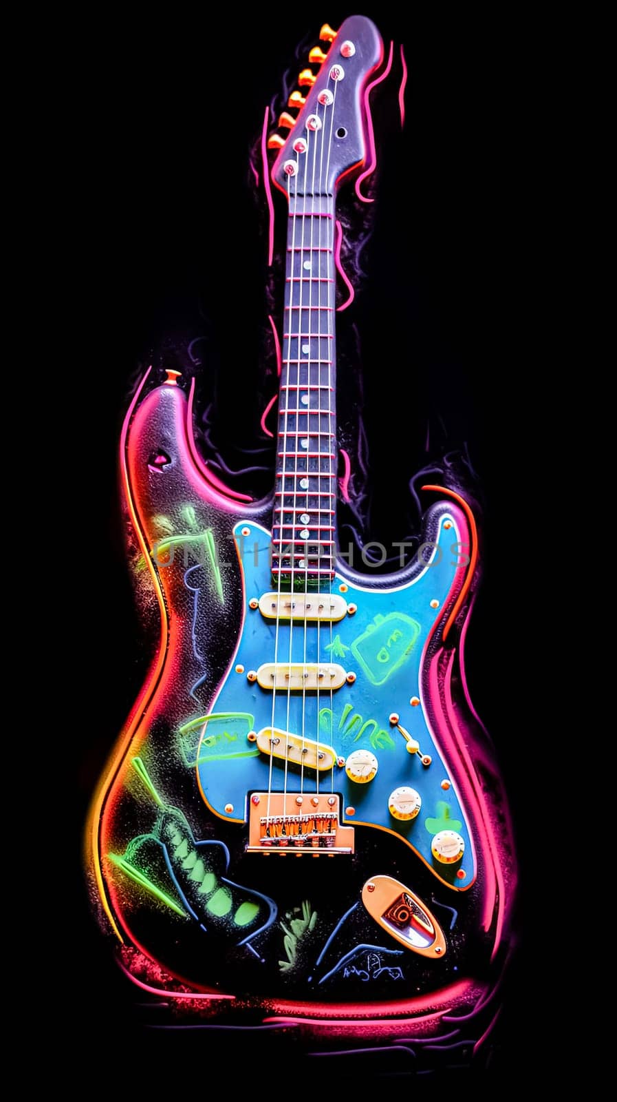 A colorful guitar is shown in a photo with smoke in the background. The guitar is the main focus of the image, and the smoke adds a sense of depth and atmosphere to the scene