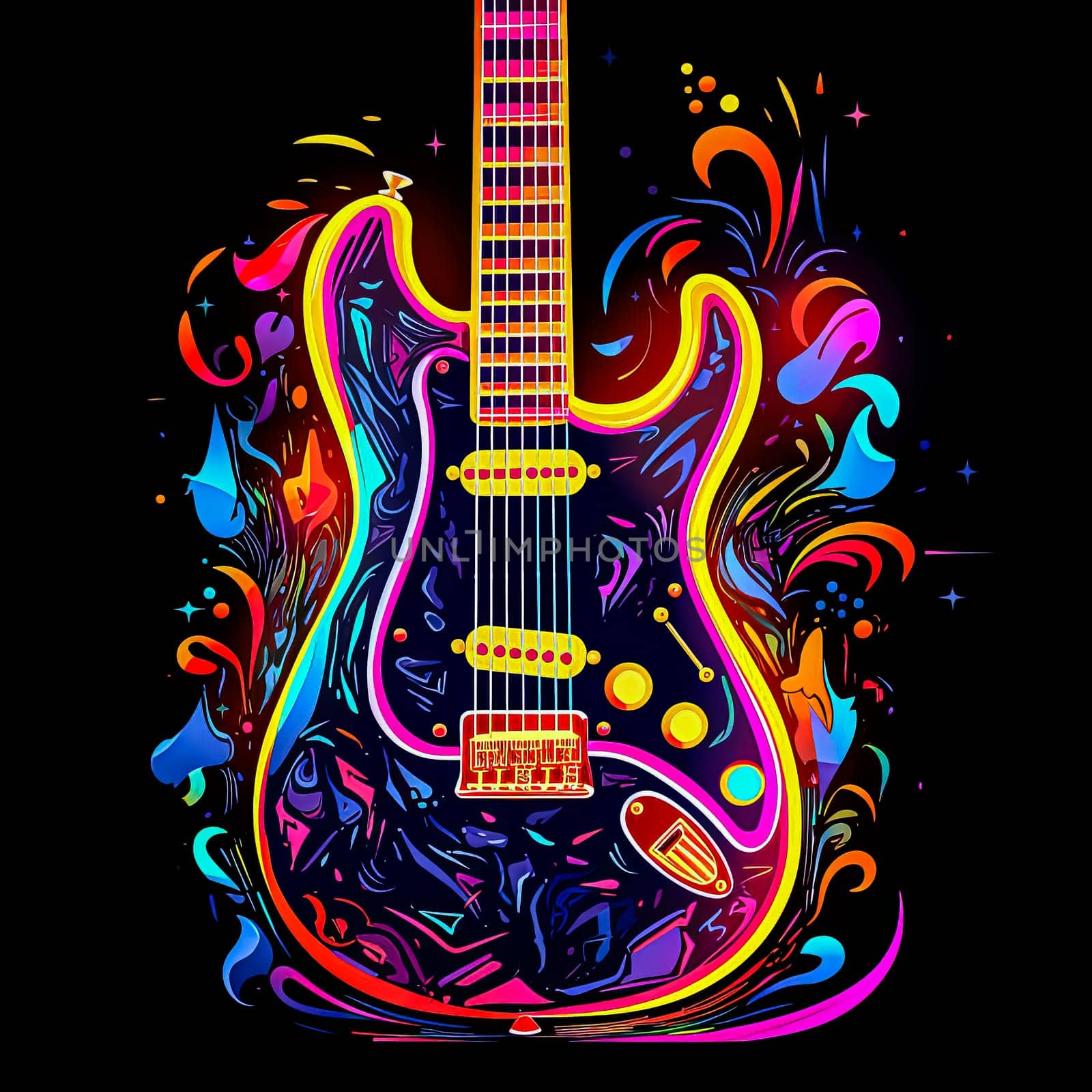 A colorful guitar is shown in a photo with smoke in the background. by Alla_Morozova93