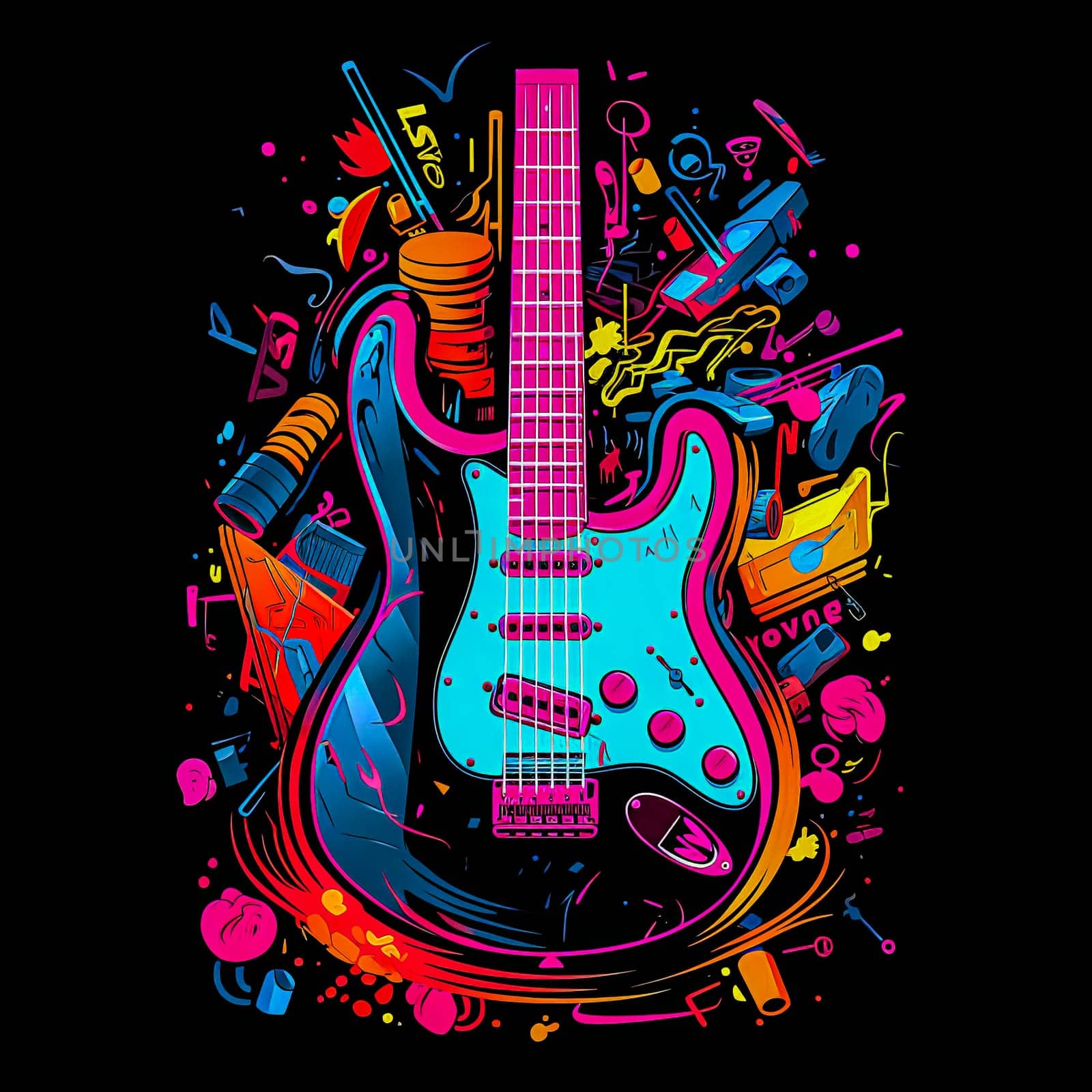 A colorful guitar is shown in a photo with smoke in the background. by Alla_Morozova93