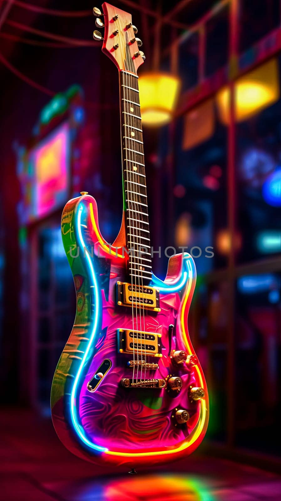 A neon guitar with a purple and blue color scheme. The guitar is lit up and he is glowing