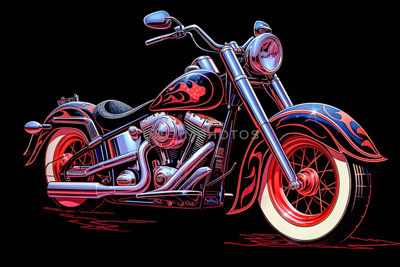 A colorful motorcycle with a neon light on the front wheel. The bike is designed to look like a piece of art