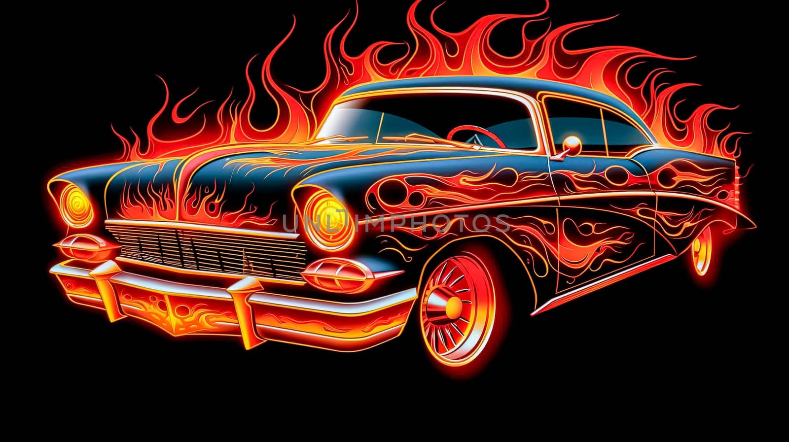 A car with flames on it. The flames are orange and yellow