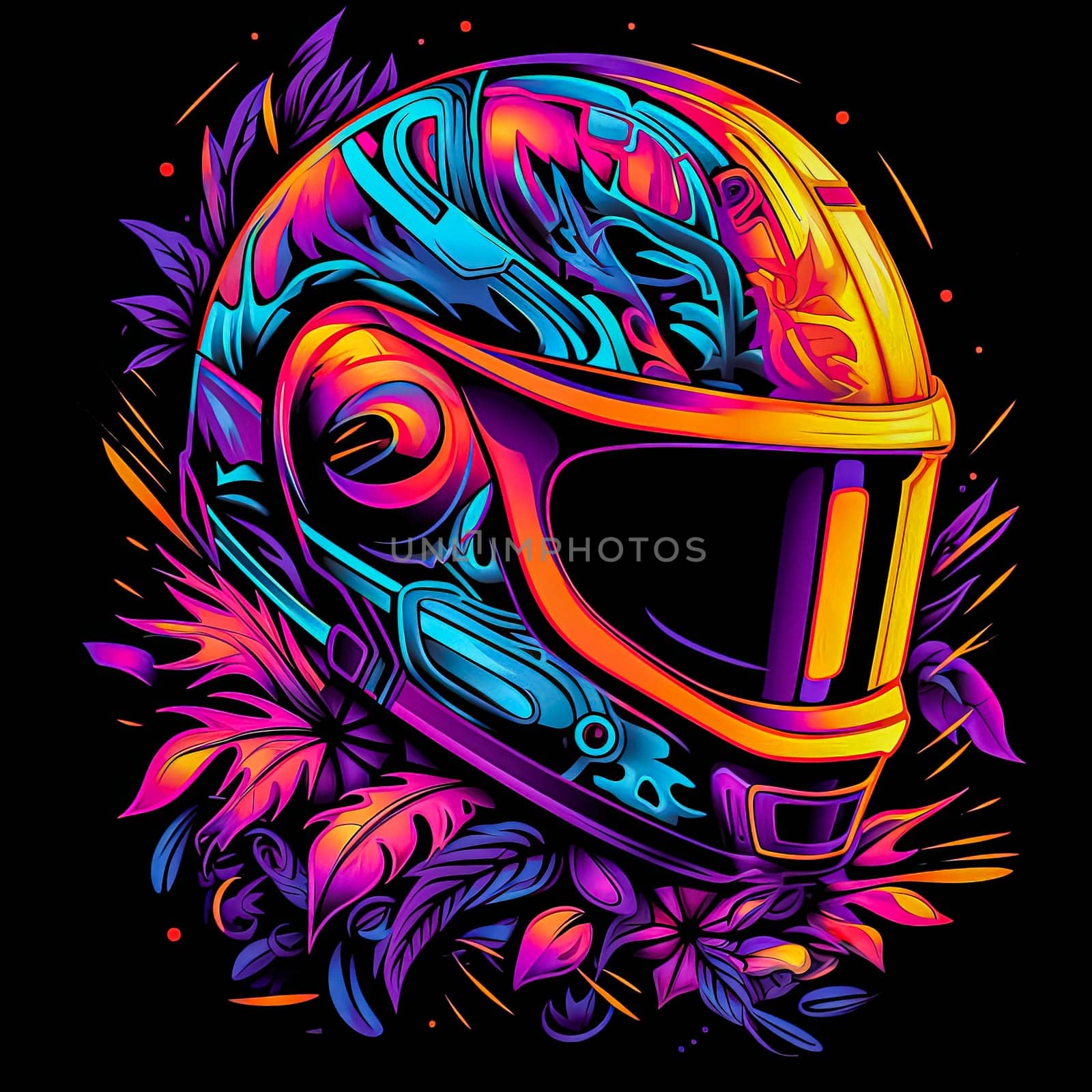 A colorful helmet with a black face. The helmet is designed to look like a cartoon character. The colors are bright and vibrant, giving the helmet a fun and playful appearance