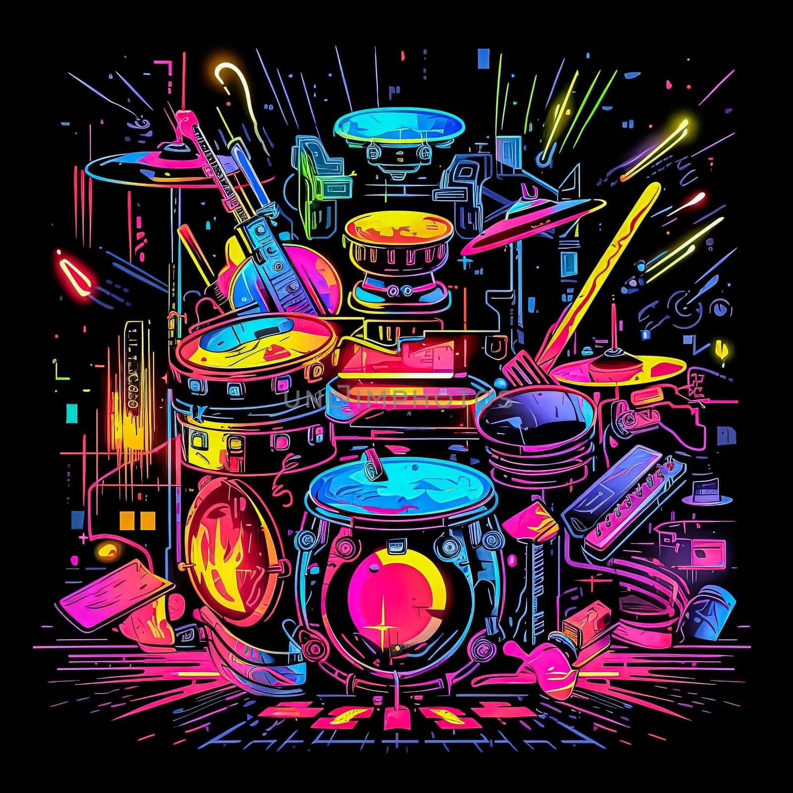 A colorful poster of a drum set and other instruments. The poster is a representation of a band or a musical performance. The vibrant colors and the variety of instruments suggest a lively