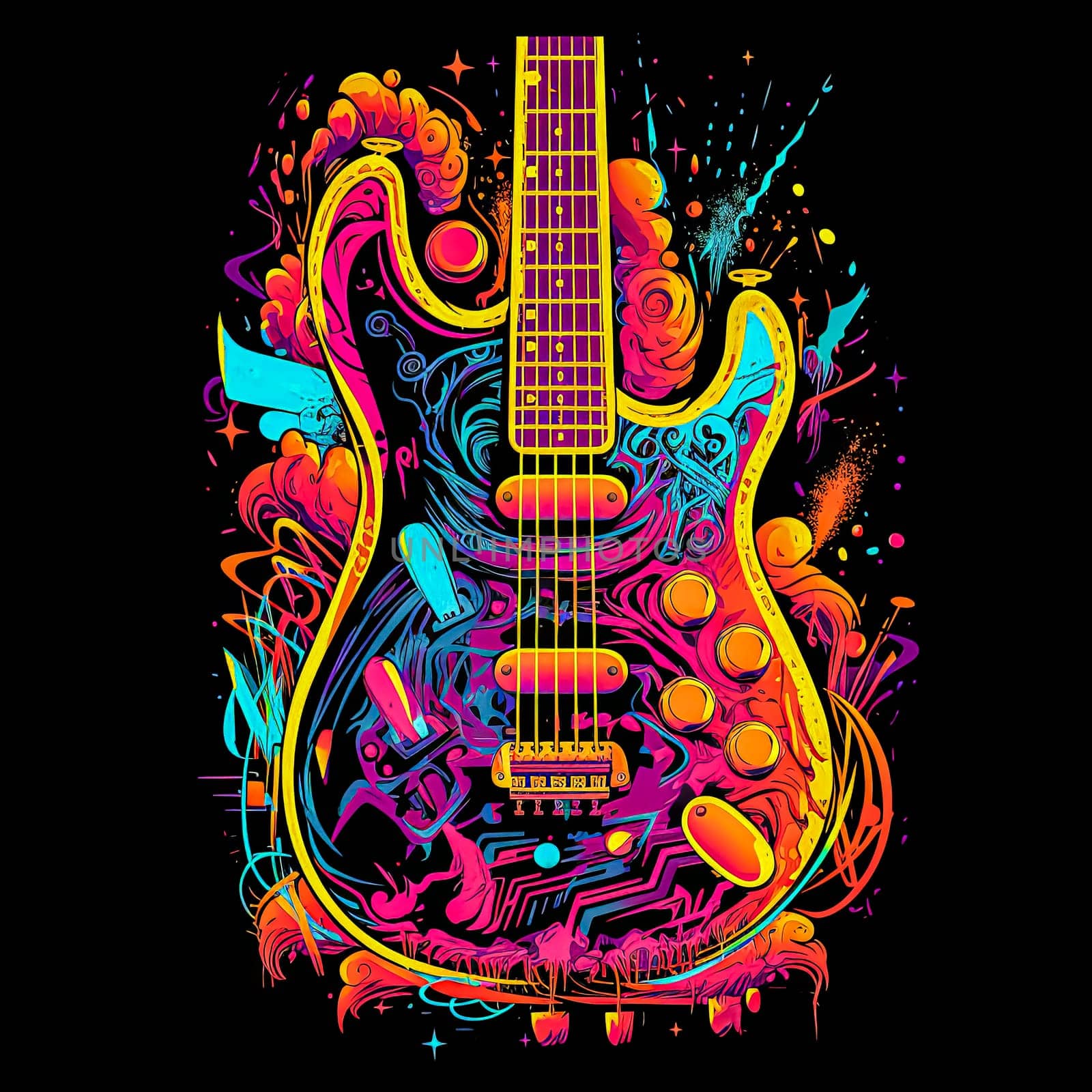 A colorful guitar is shown in a photo with smoke in the background. The guitar is the main focus of the image, and the smoke adds a sense of depth and atmosphere to the scene
