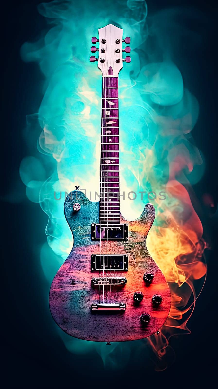 A colorful guitar is shown in a photo with smoke in the background. The guitar is the main focus of the image, and the smoke adds a sense of depth and atmosphere to the scene