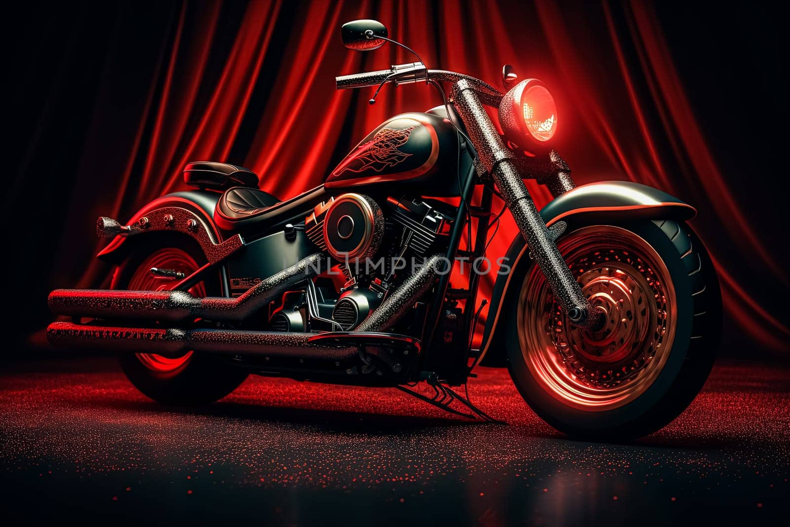 A colorful motorcycle with a neon light on the front wheel. The bike is designed to look like a piece of art