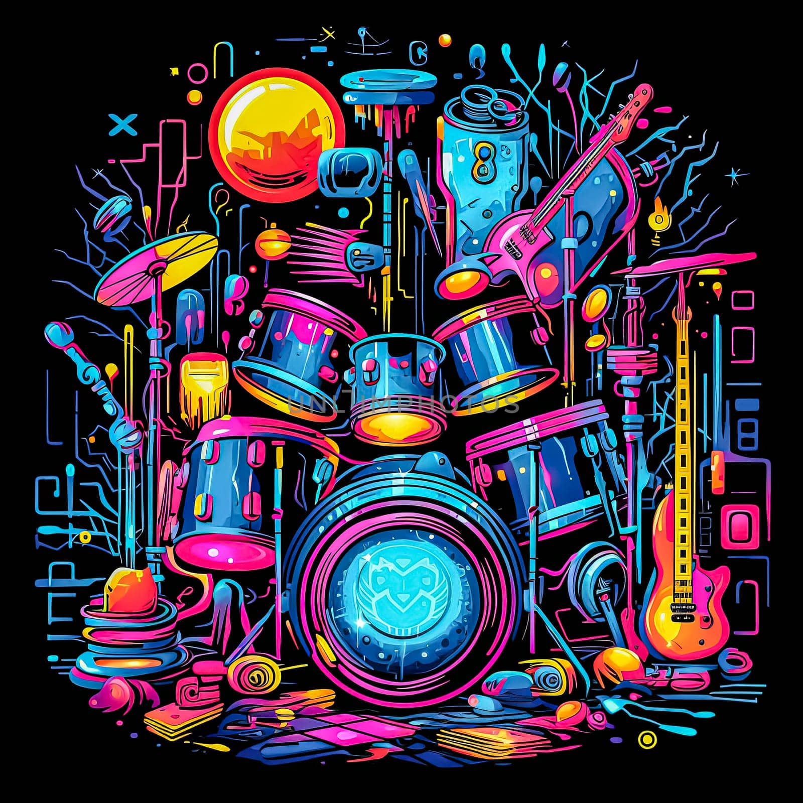 A colorful poster of a drum set and other instruments. by Alla_Morozova93