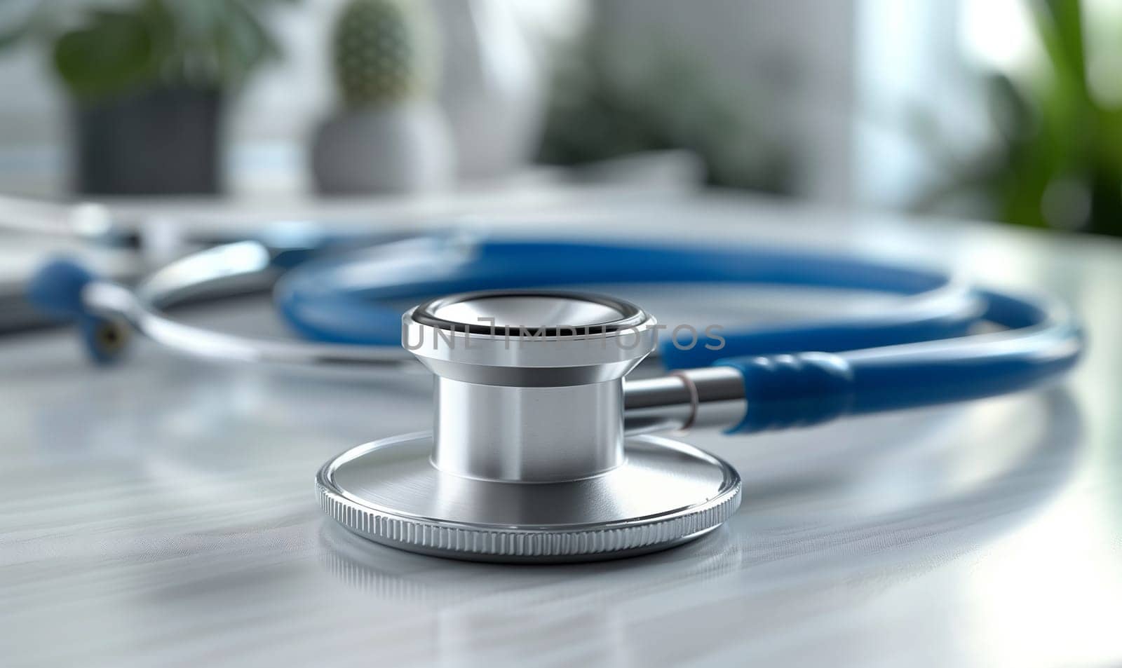 A closeup photo of a stethoscope placed on a table, surrounded by various items like dishware, tableware, and body jewelry in electric blue color tones