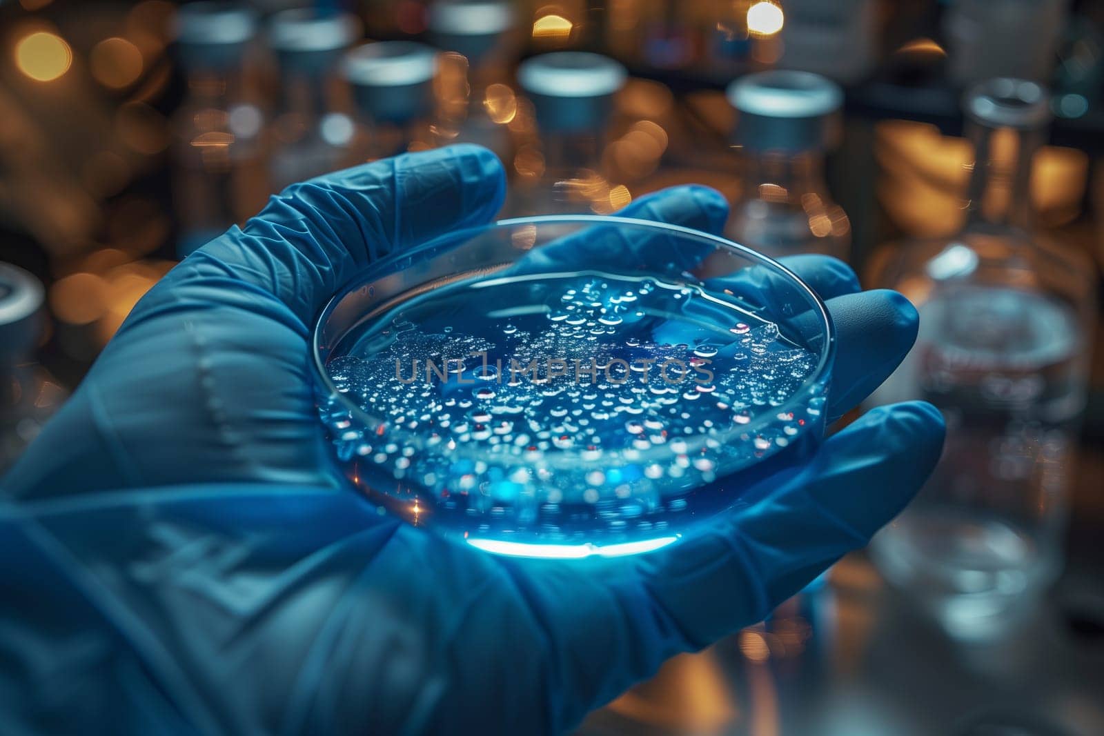 A person wearing electric blue gloves is holding a petri dish filled with water, resembling marine biology research. The blue liquid inside has a mesmerizing underwater pattern
