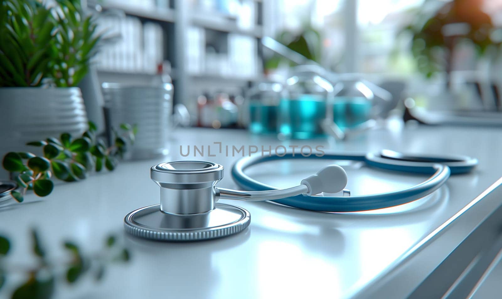 A stethoscope is placed on a pristine white counter in a building, surrounded by glassware and tableware. The elegant display enhances the propertys ambiance
