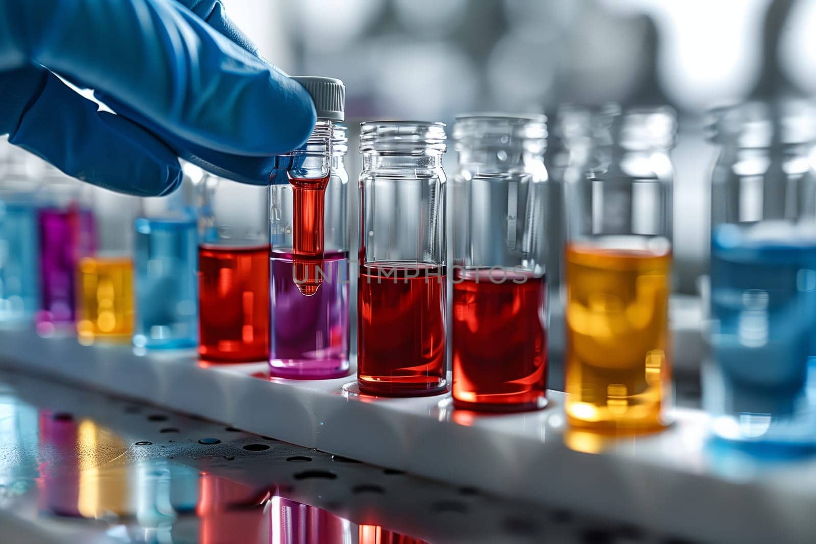 A scientist is carefully pouring a blue fluid into a glass test tube in a laboratory, conducting a scientific experiment with a solvent solution
