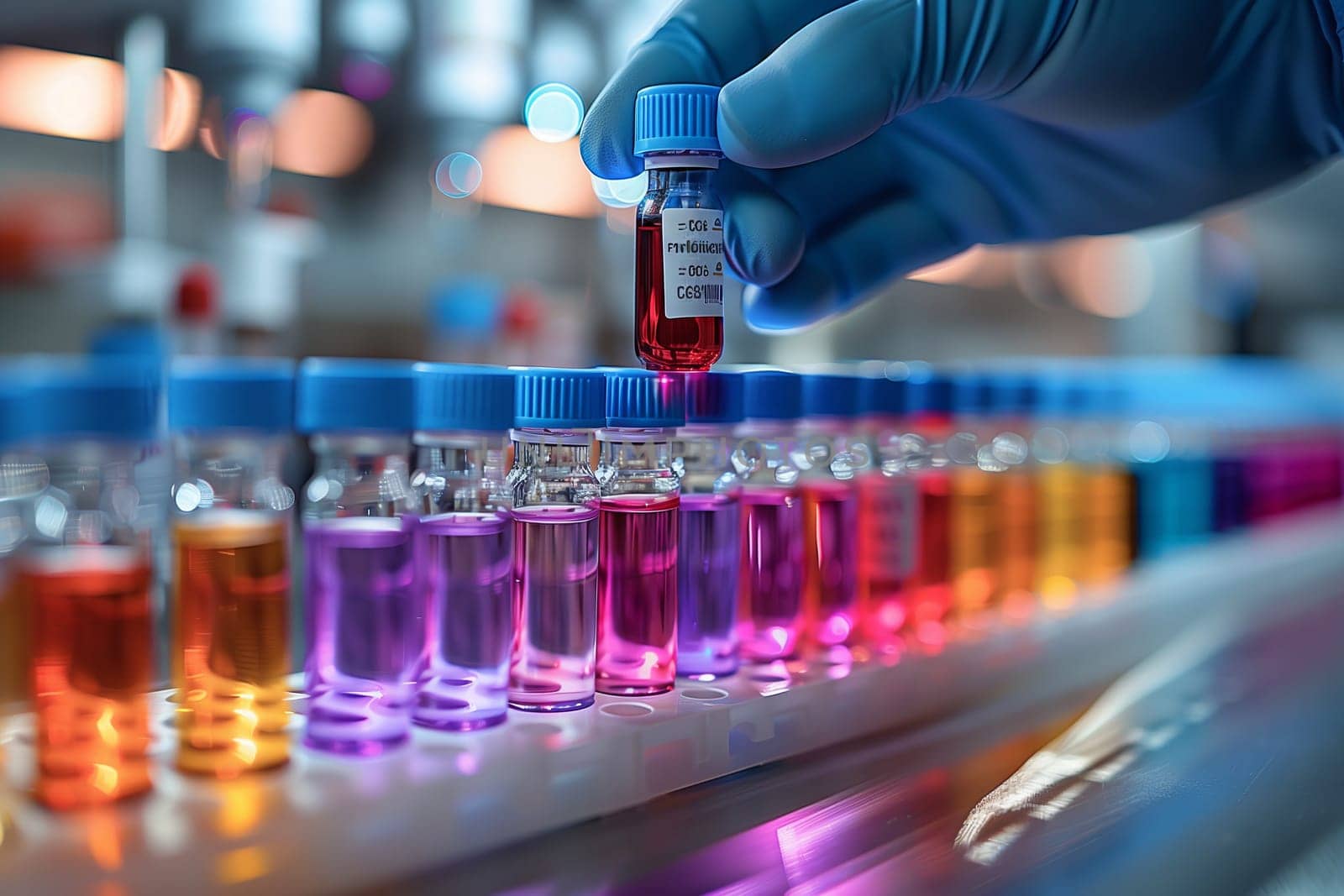 A scientist is holding a bottle of liquid in front of a row of test tubes filled with different colored liquids, possibly experimenting with solutions or fluids