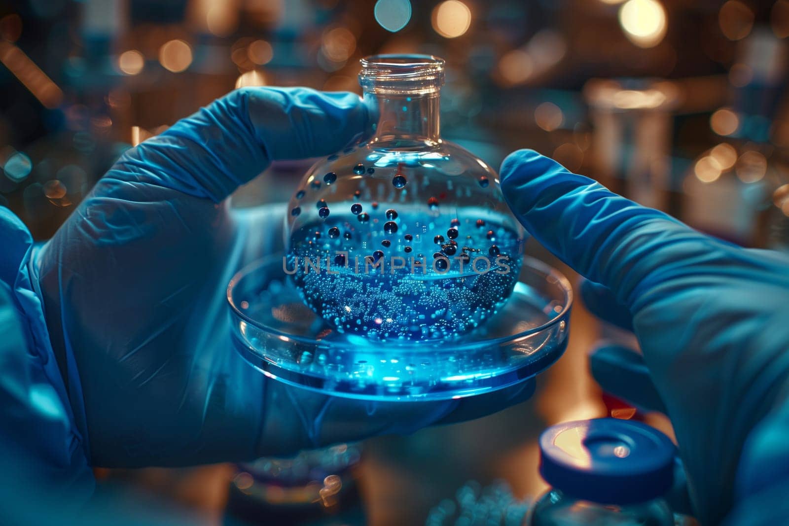 The person is holding a beaker filled with electric blue liquid. The transparent glass drinkware contains a fluid resembling water