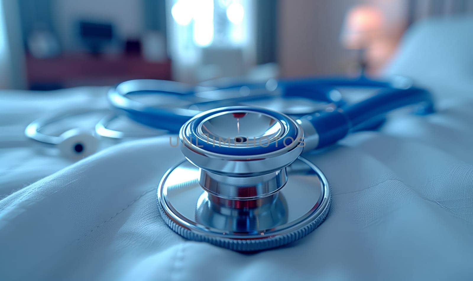 A stethoscope rests on a bed, surrounded by liquid in an electric blue hue by richwolf