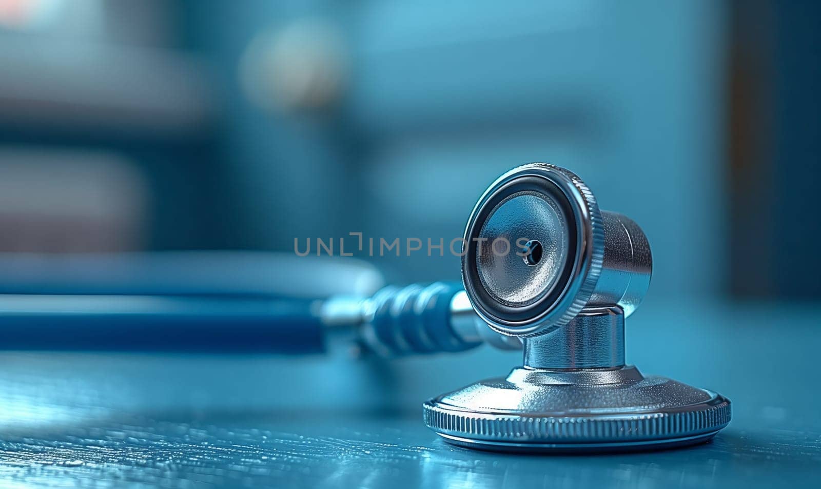 A macro photograph of a stethoscope on an electric blue table, showing intricate details of the medical gadgets design and texture