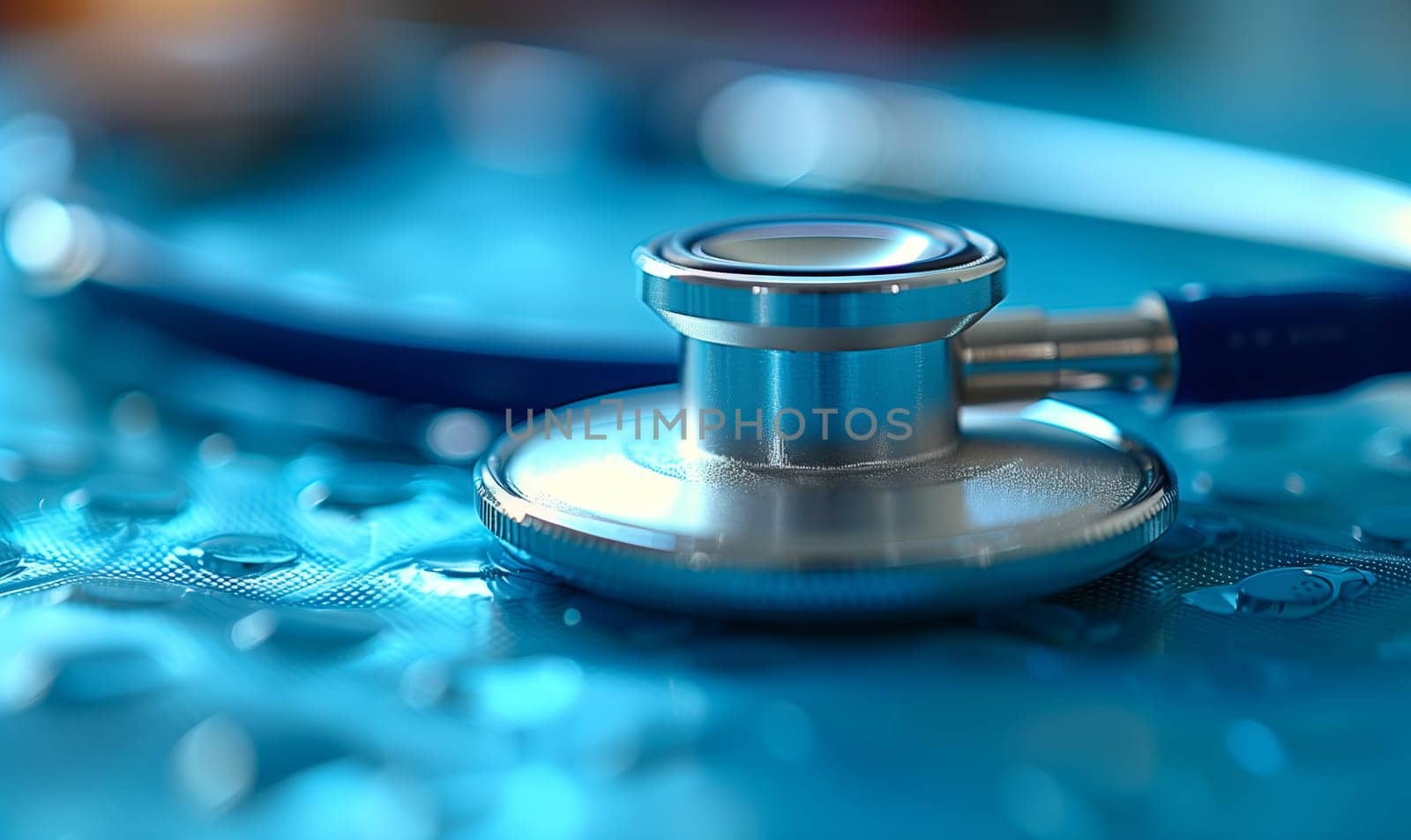A macro photography shot of a stethoscope on an electric blue surface, resembling a piece of jewellery. The circle shape and metal material add a touch of fashion to this medical tool