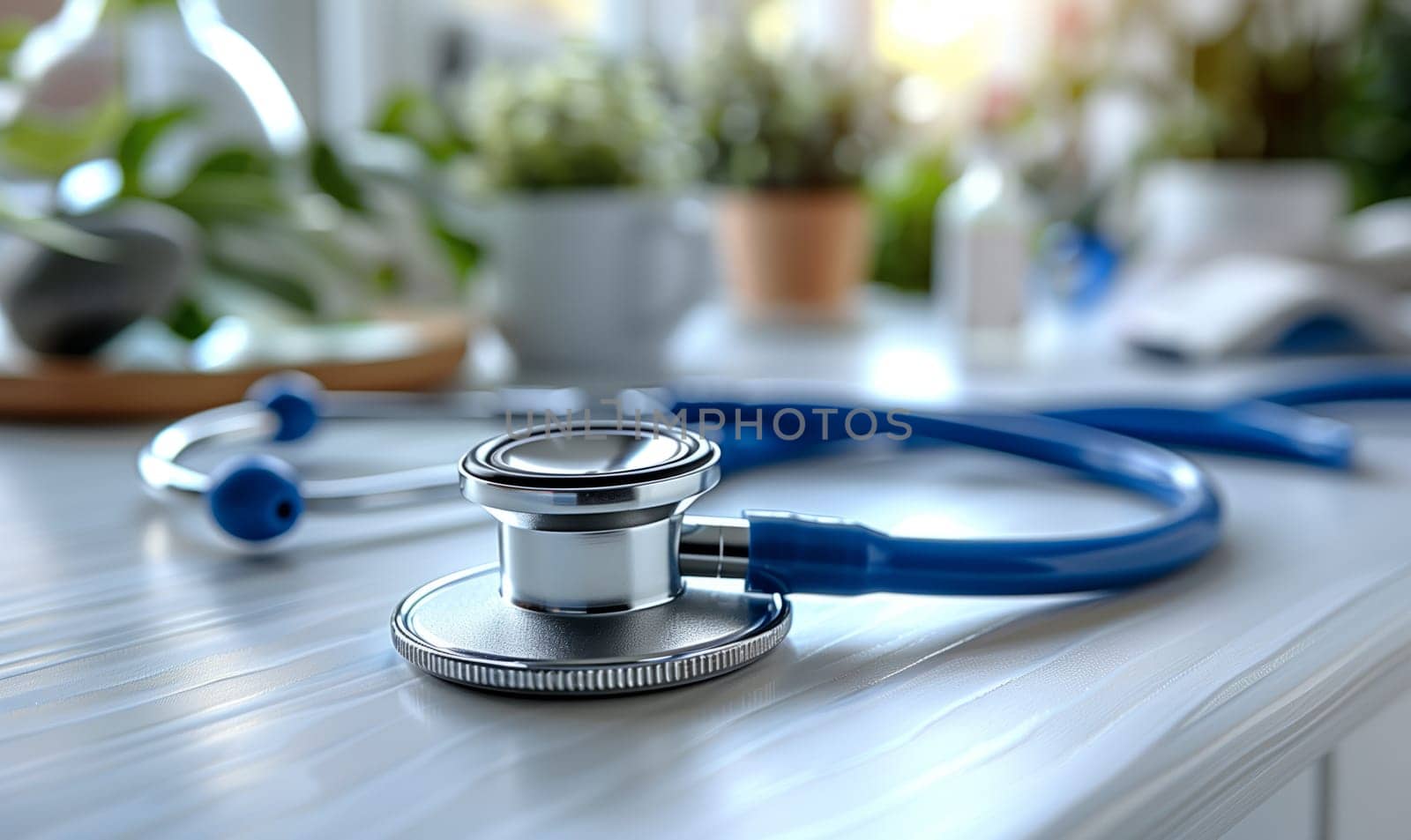 A closeup shot of an electric blue stethoscope on a glass table, showcasing the gadgets sleek design and modern aesthetic