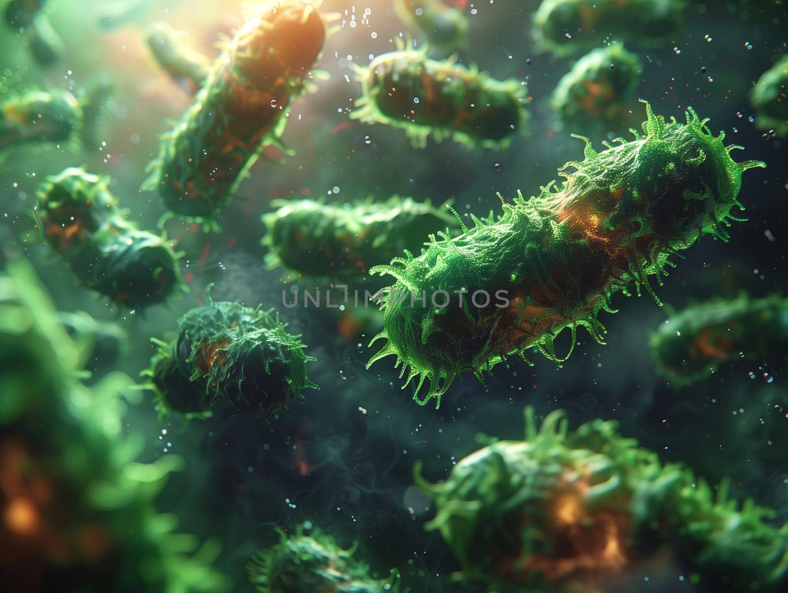 Green bacteria floating underwater with aquatic plants by richwolf