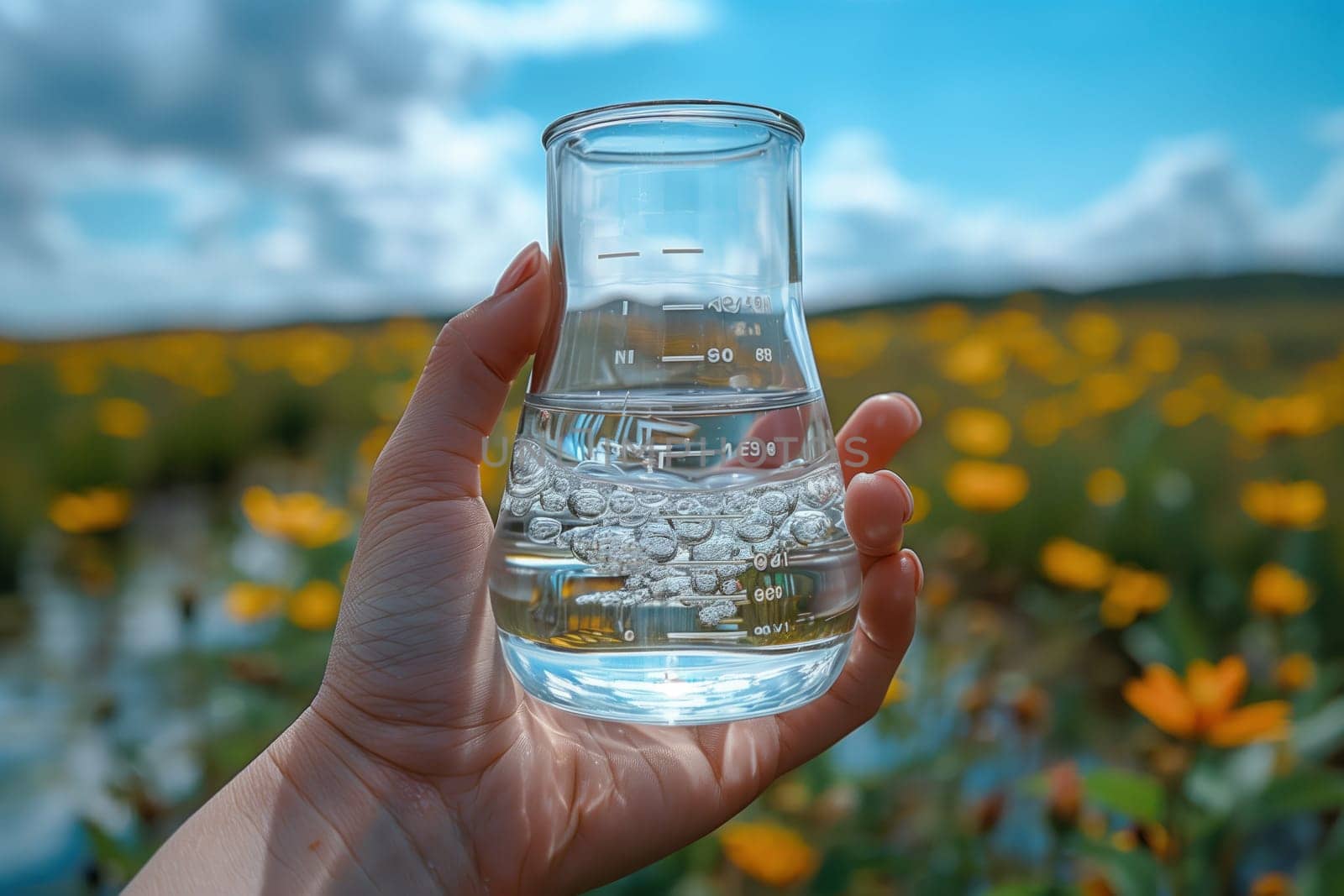 A person is holding a beaker of liquid in front of a field of flowers, with the sky filled with clouds. Their finger is pointing towards the plants and grass
