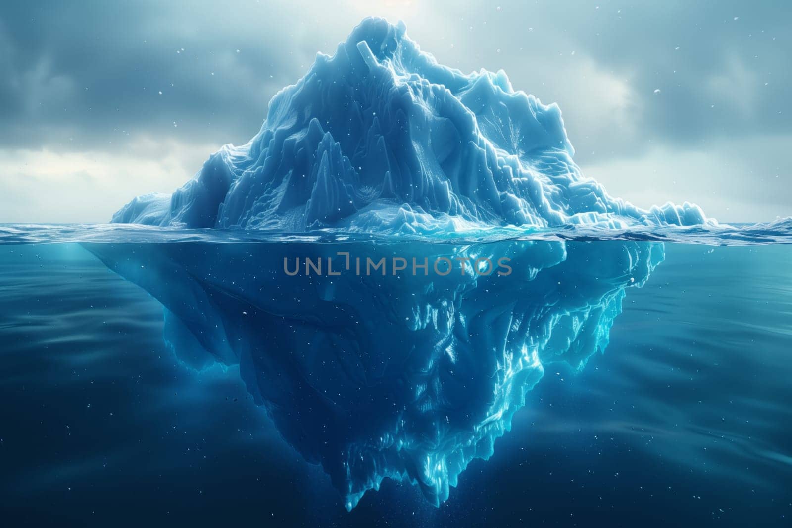 A massive iceberg is drifting on the surface of the water, set against the backdrop of a clear sky and natural landscape, with mountains in the distance