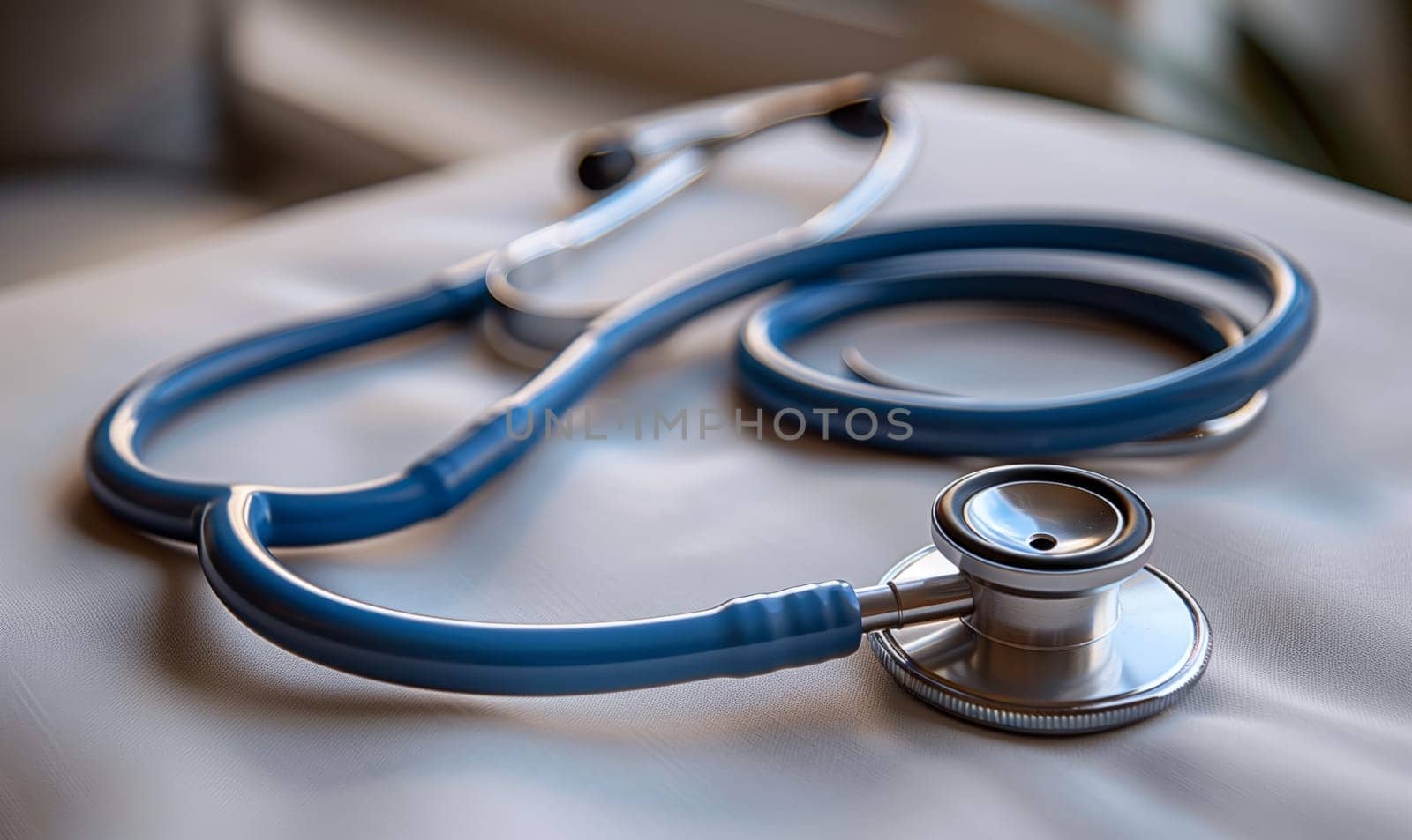 Close up of stethoscope on a bed, a metal medical tool by richwolf