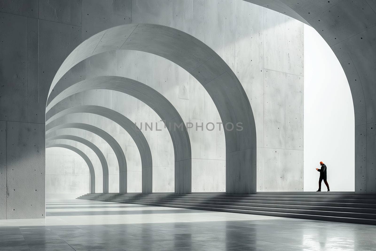 A man walks through a grey tunnel of arches with symmetrical style by richwolf