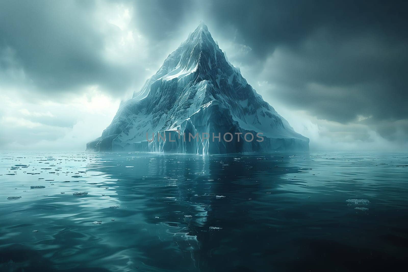 A massive iceberg peacefully drifts in the vast ocean, showcasing the beauty of the natural landscape with its towering ice cap against the backdrop of the sky and horizon
