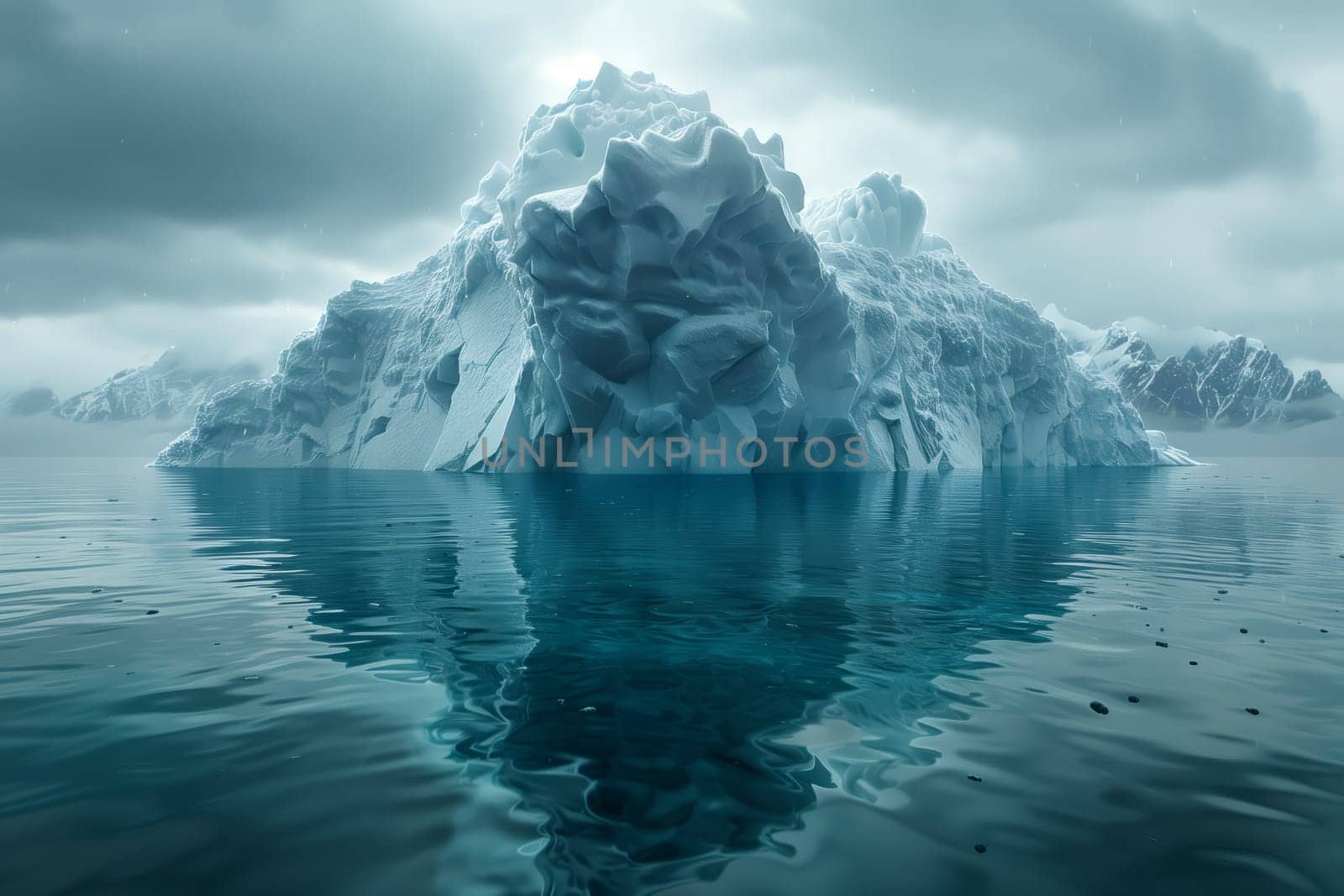 An immense iceberg drifts on the surface of liquid water, creating a striking contrast in the natural landscape where the sky meets the frozen ice cap