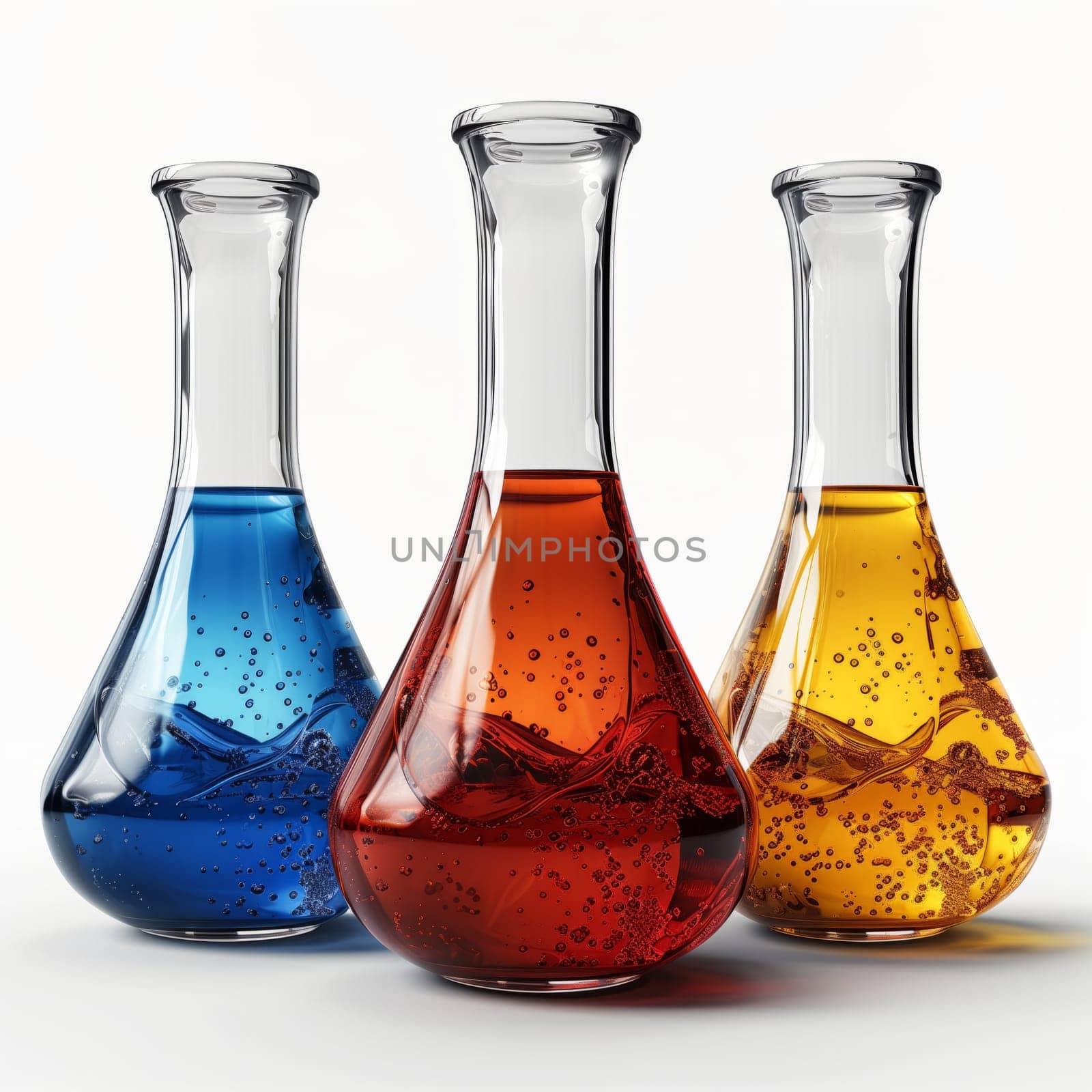 Three beakers filled with various colored liquids displayed on a plain white background, showcasing a creative blend of tableware and drinkware in an artistic composition