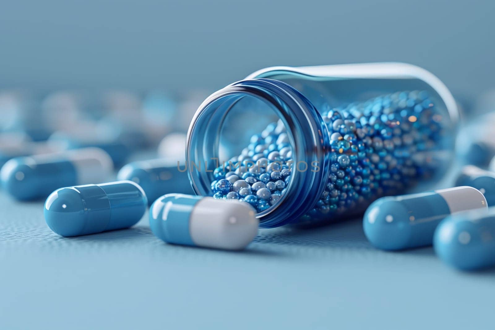 A jar of azure and white liquid capsules spills onto a table, resembling vibrant body jewelry. The aqua hues inspire creative arts and unique jewelry designs