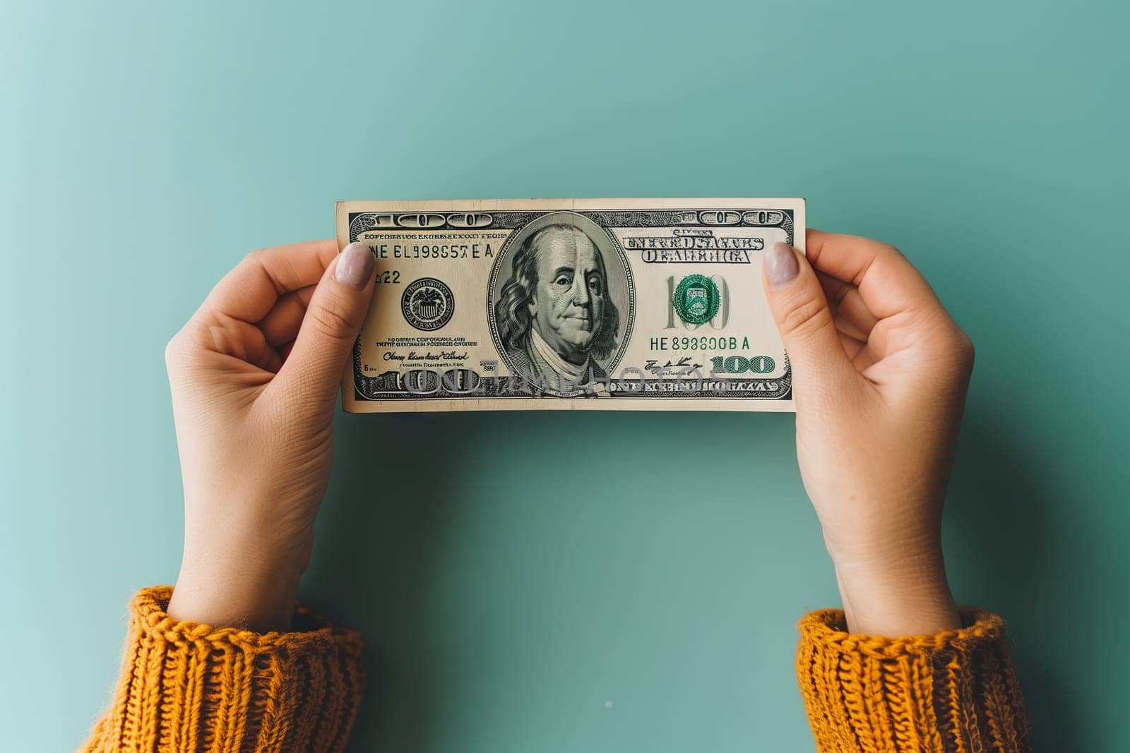 A person is holding a 100 green banknote in their hand, with their thumb and finger making a gesture. The currency is money cash