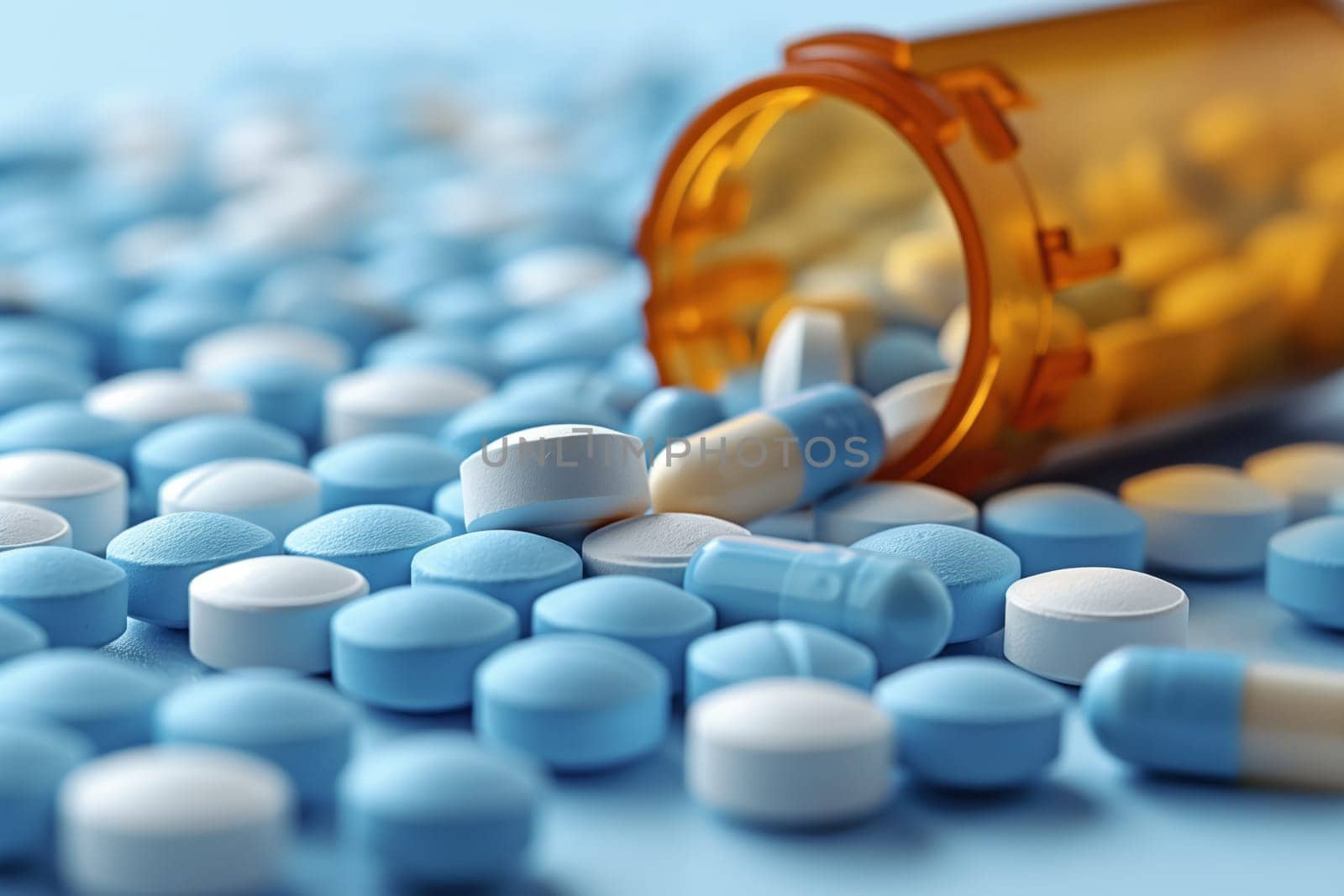 Liquid pills in electric blue and white colors spilling out onto a table, creating a closeup macro photography with a mix of metal and circle shapes