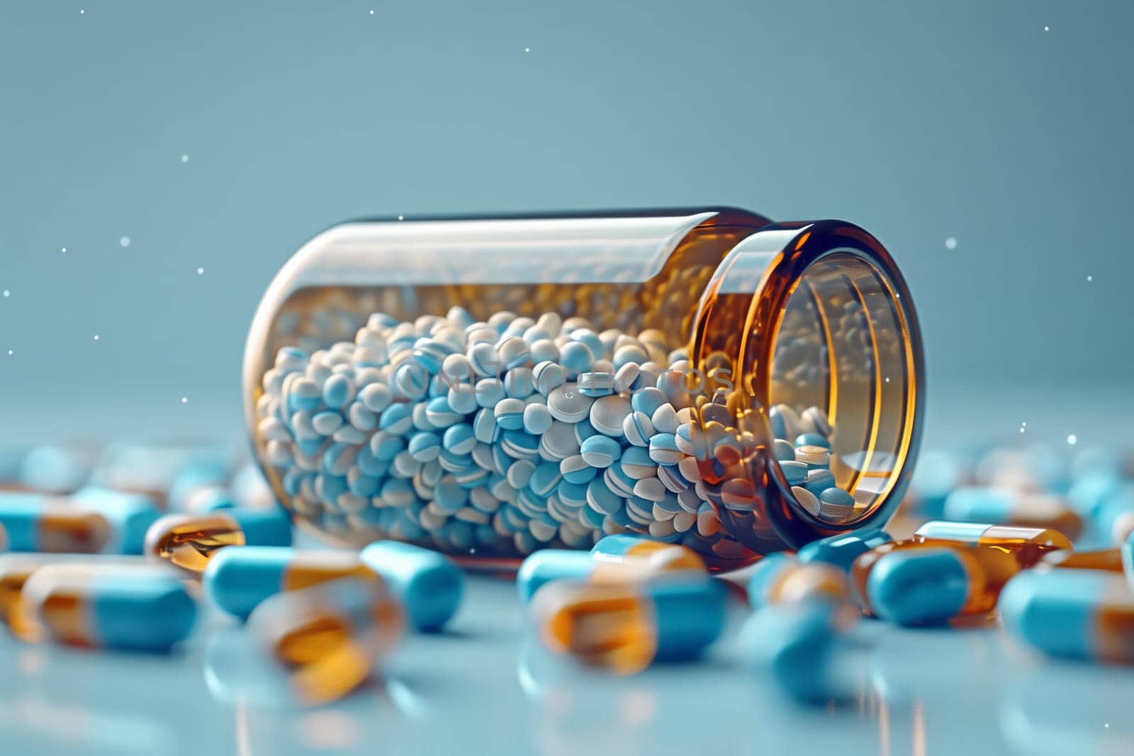A jar filled with blue and yellow pills is surrounded by pills made of natural materials. The jar is decorated with electric blue body jewelry in a creative arts design
