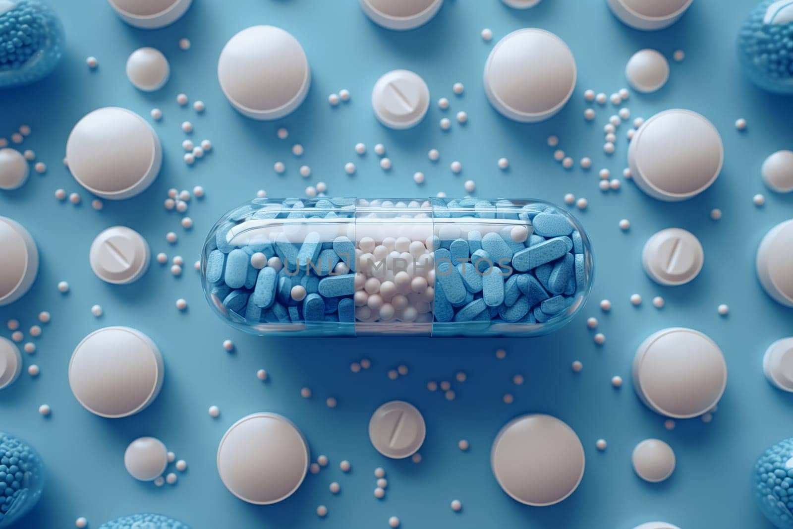 A liquidfilled capsule housing blue and white pills placed on a blue background resembling a terrestrial plant pattern. The electric blue circles reflect advanced technology