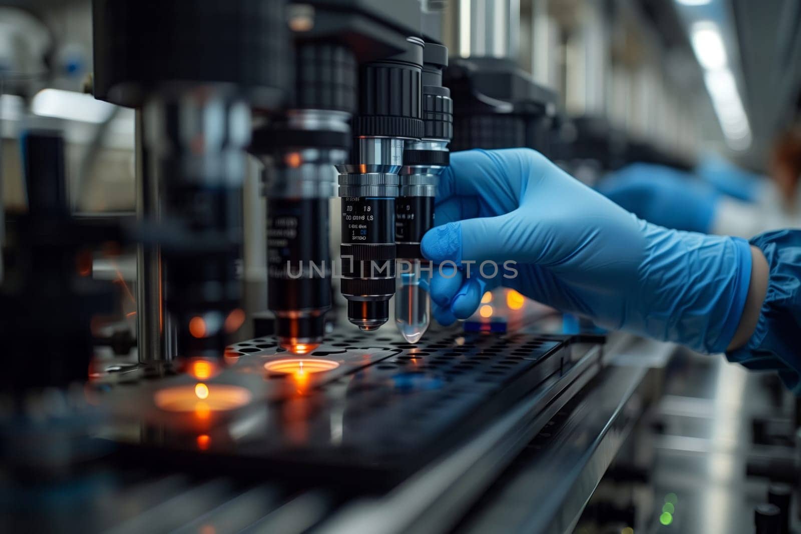 a person wearing blue gloves is using a microscope in a laboratory . High quality