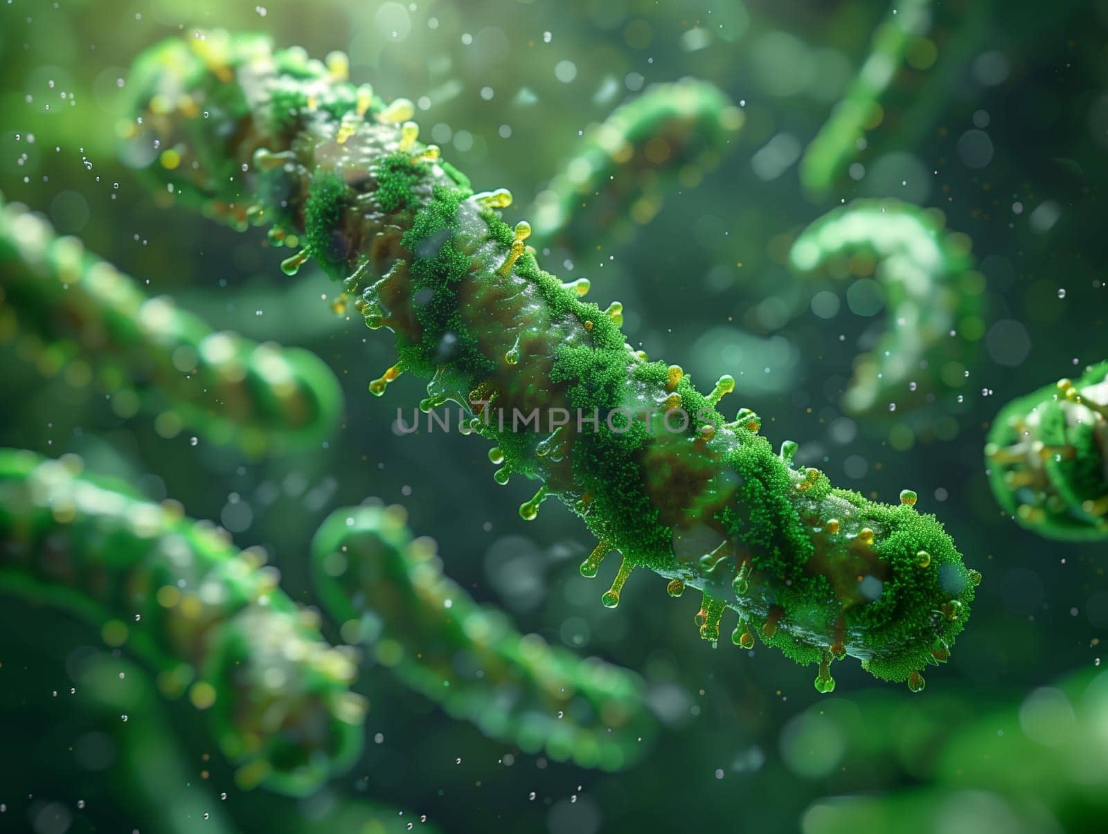 A computer generated image of green algae floating underwater, resembling a group of bacteria. The artistic representation showcases marine biology and the beauty of underwater plant life