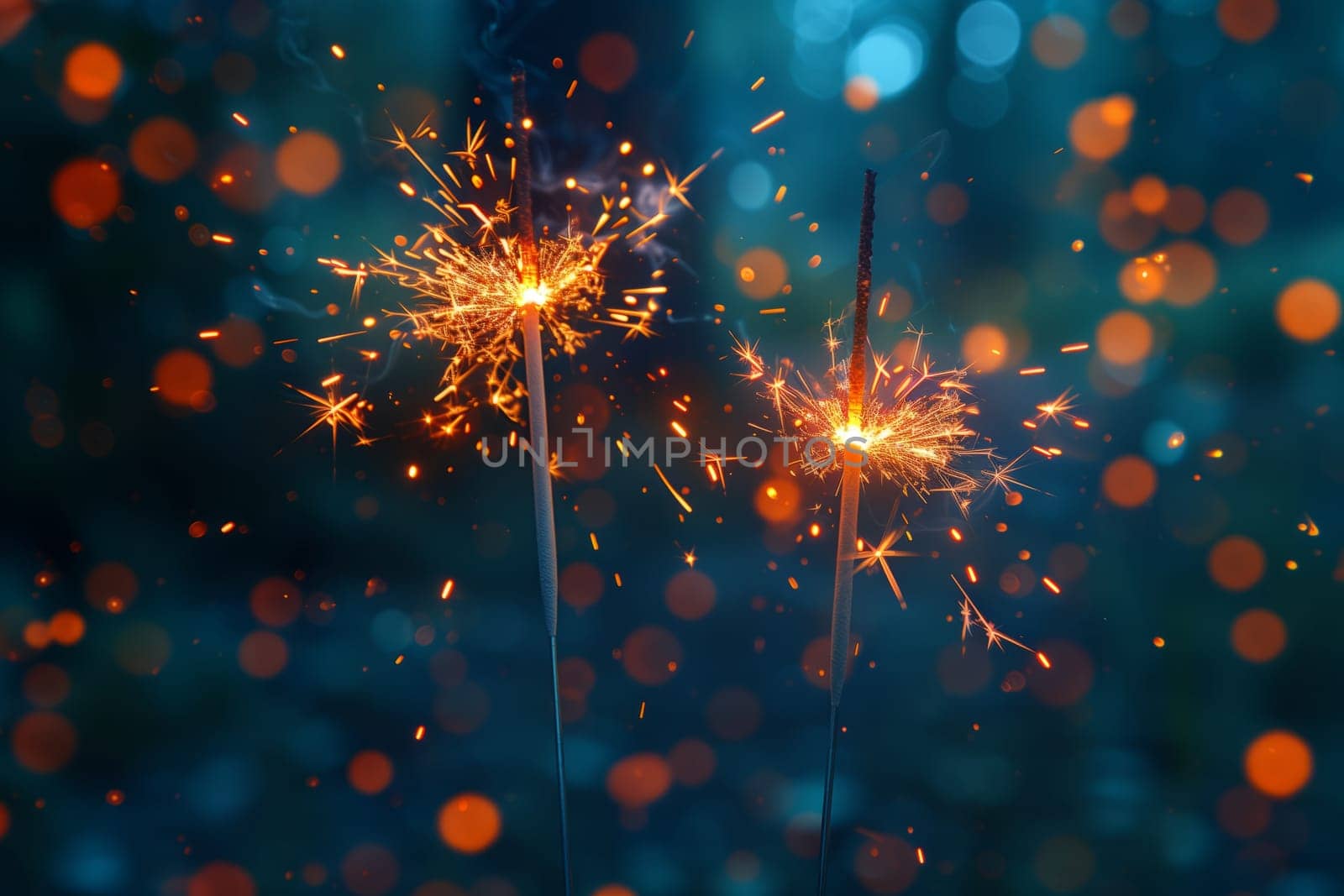 Two electric blue sparklers light up the dark night with a blurry background. The atmospheric phenomenon creates a mesmerizing scene in the natural environment