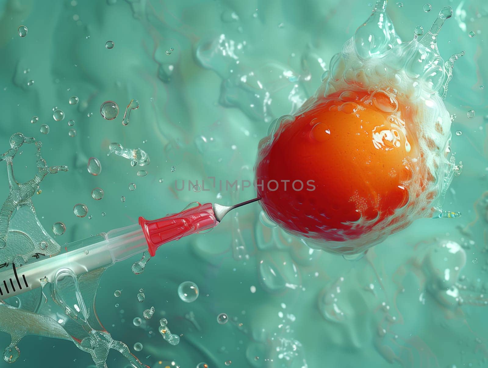 A syringe penetrates an orange balloon floating in a pool of water, creating a circular ripple effect. This scientific event can be used as a recreation or inspiration for painting waves