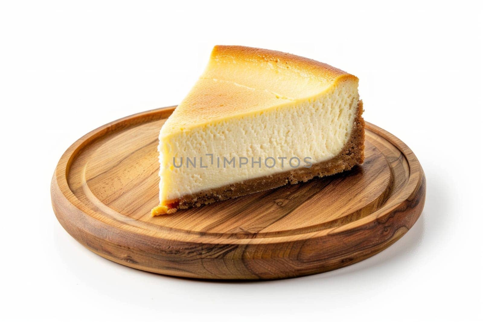 front view of a slice of a classic New York cheesecake on a wooden tray isolated on a white background.