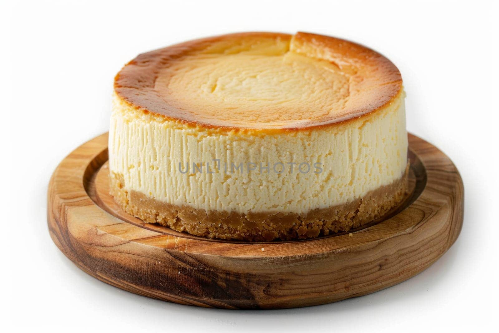 front view of single classic New York cheesecake on a wooden tray isolated on a white background.