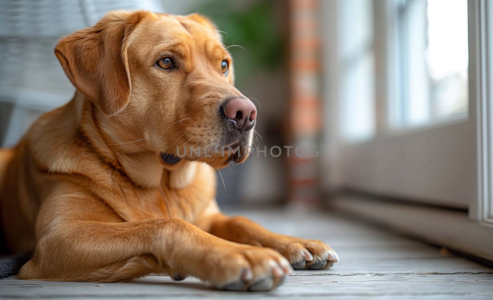 A carnivorous dog breed, with fawn and liver coloring, is laying on the hardwood flooring next to a window. This terrestrial animal is a loyal companion dog