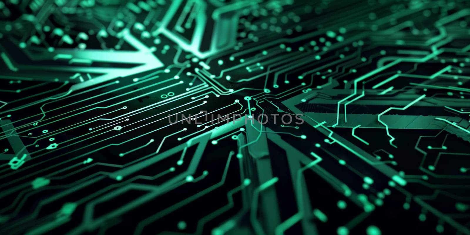 A close up of a green electronic circuit board. Concept of engineering technology applied to the environment and sustainability by papatonic