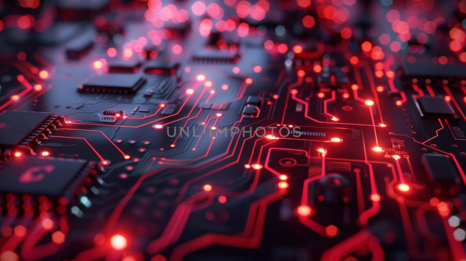 A close up of a circuit board with red lights.